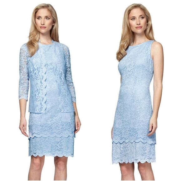 New! ALEX EVENINGS Women's 2-Piece Lace Jacket And Dress Periwinkle Light Blue - Picture 1 of 4